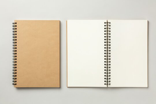 Top view of two spiral notebooks with kraft paper covers on a light gray background