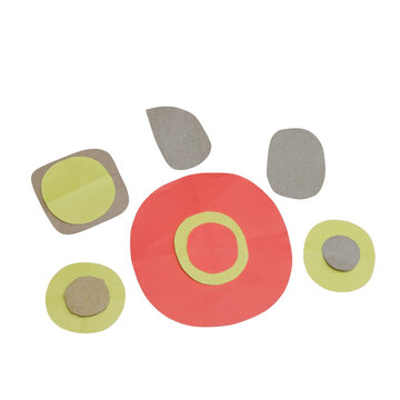 A collection of various paper and cardboard cutouts including circles, a square with rounded corners, and layered shapes in red, yellow, and gray isolated on a transparent background