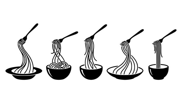 Pasta bowls with forks lifting spaghetti strands black silhouette vector set