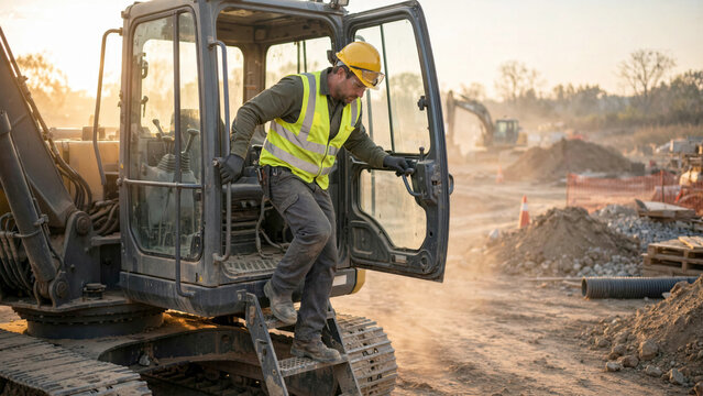 Heavy equipment operator stepping down from excavator cab in dust on morning construction site