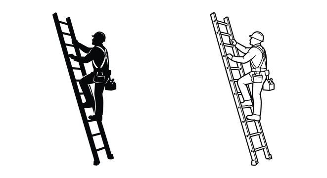 Construction worker climbing a ladder black silhouette on a white background