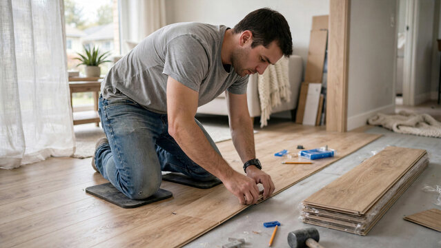 Flooring installer fitting laminate wooden planks on living room floor kneeling on pads