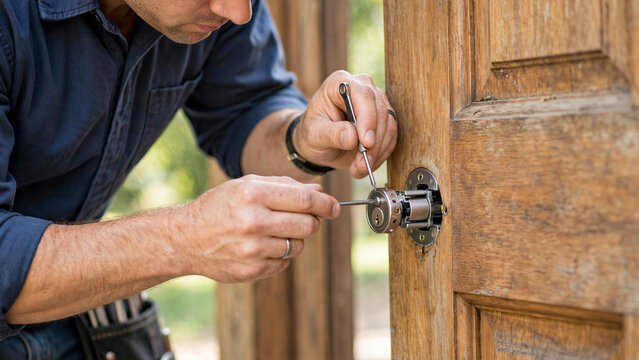 Locksmith fixing deadbolt door lock mechanism with specialized pick tools on wooden front door