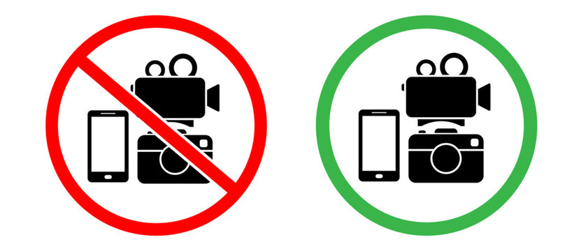 Camera , phone and Video Recording Prohibited and allowed Sign Icons, Camera and Smartphone usage Restriction Symbol