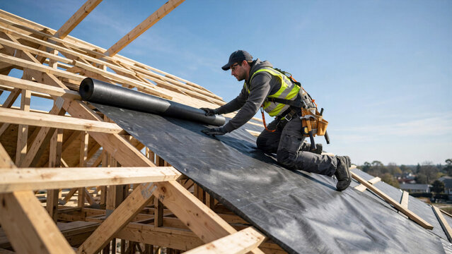 Roofer laying waterproof underlayment membrane over timber roof trusses on sunny day