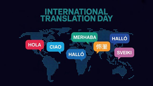 International translation day concept with world map and speech