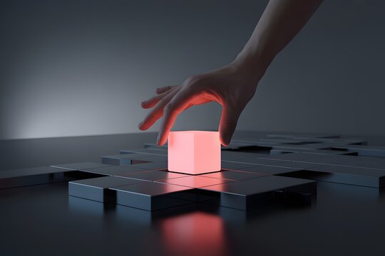 Human hand interacts with a vibrant red glowing cube on a sophisticated dark grid surface symbolizing innovation