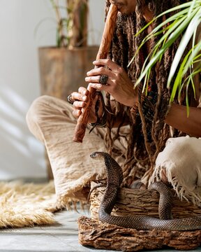 Dreaded man playing snake wood flute musical nature vibe