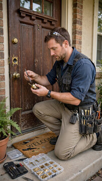 Professional locksmith kneeling at residential house front door rekeying brass deadbolt lock cylinder