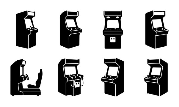 Retro Arcade Machine Icons, Vintage Gaming Cabinets Collection, Classic Video Game Set, Nostalgic Entertainment Vector Graphics