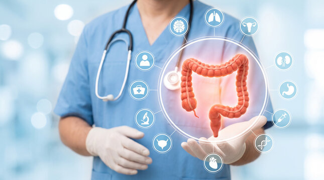 Doctor in blue scrubs presenting 3D colon model surrounded by digital organ icons on blurred background