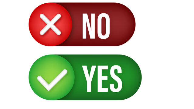 Modern yes and no buttons with checkmark and cross icons, green and red toggle switches for decision making and interface design