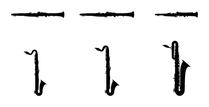 Vintage Musical Instruments Vector Icons, Retro Woodwind and Brass Symbols, Classic Orchestra and Jazz Band Silhouettes