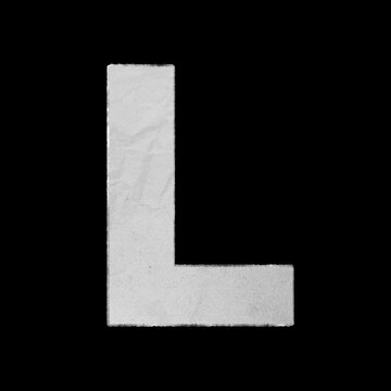 Capital letter L made of textured white paper isolated on black background