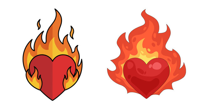 Flaming red heart illustrations, burning passion icons on white background, set of two fiery love symbols for romantic designs
