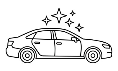 Fototapeta premium Minimalist line art icon of a modern sedan car with dynamic sparkle stars isolated on white background symbol for automotive maintenance and clean vehicle concept