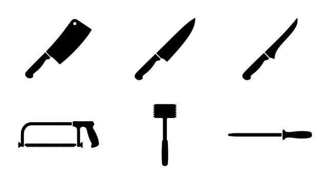 Kitchen Knife Set Vector Icons, Chef Knives, Cleaver, Meat Tenderizer, Sharpening Steel, Saw, Culinary Tools Collection