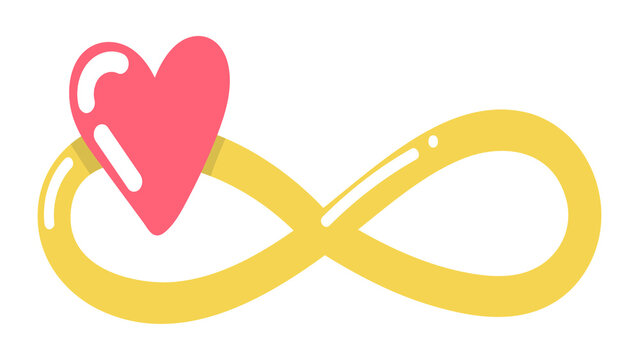 Infinity symbol with pink heart, eternal love concept illustration, yellow loop with romantic heart icon on white background