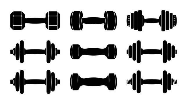 Dumbbell Set Collection, Fitness Equipment Icons, Weightlifting Gear Graphics, Strength Training Vector Art