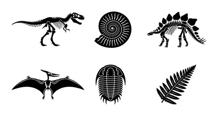 Dinosaur Skeletons, Fossils, and Ancient Life Vector Icons: Prehistoric Creatures, Ammonite, Trilobite, Pterodactyl, Fern Leaf, Paleontology Collection © Farzana