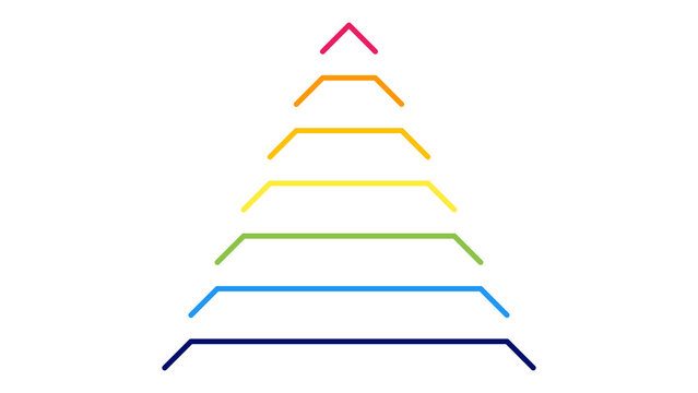 Minimalist rainbow pyramid diagram, colorful geometric triangle hierarchy, abstract multi-layered stack on white background