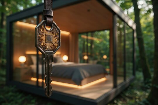 Smart home key hanging in front of modern glass cabin in forest