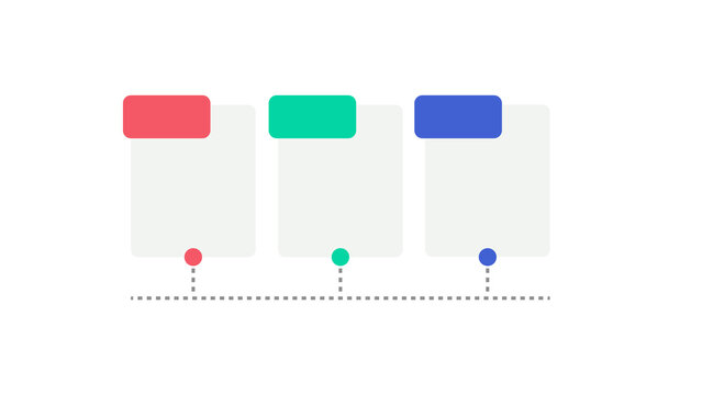 Minimalist infographic timeline with three colorful steps. Modern business process diagram. Clean web UI layout for data presentation.