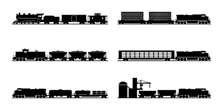 Diverse Train Silhouettes: Freight Cars, Locomotives, and Industrial Scenes, Vector Collection
