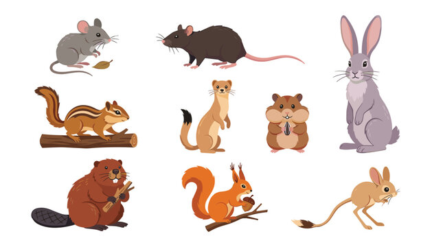 Cute cartoon rodents and small mammals vector character set including squirrels rabbits rats and beaver