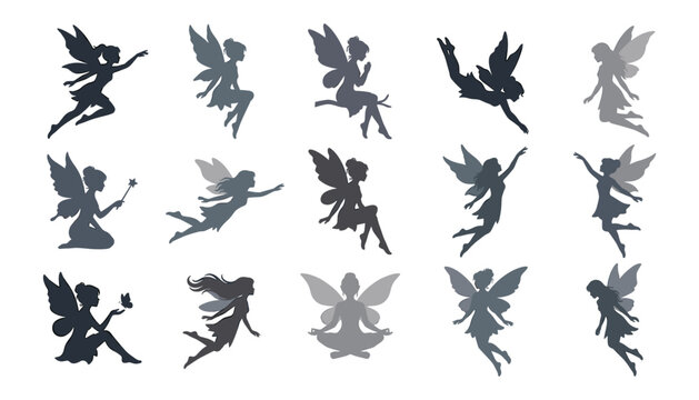 Fairy silhouette vector collection set with magical mythical pixies flying sitting posing and holding magic wands isolated