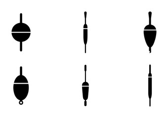 Fishing Bobbers Vector Icons, Set of 6 Black Floats for Angling, Simple Silhouette Fishing Tackle Elements for Outdoor Sport Graphics © Sohan