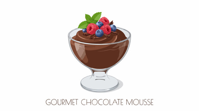 Rich chocolate mousse dessert topped with fresh berries and mint leaf, presented in an elegant glass dish. Perfect for a decadent treat