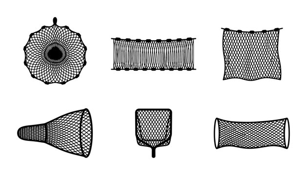 Fishing Nets Collection, Diverse Net Types Vector Set, Seafood Catching Tools, Aquatic Equipment Illustrations