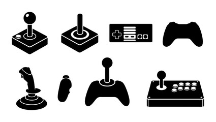 Retro Gaming Joysticks and Controllers, Vintage Arcade Gamepads, Classic Video Game Input Devices, Set of 8 Black Icons © Farzana