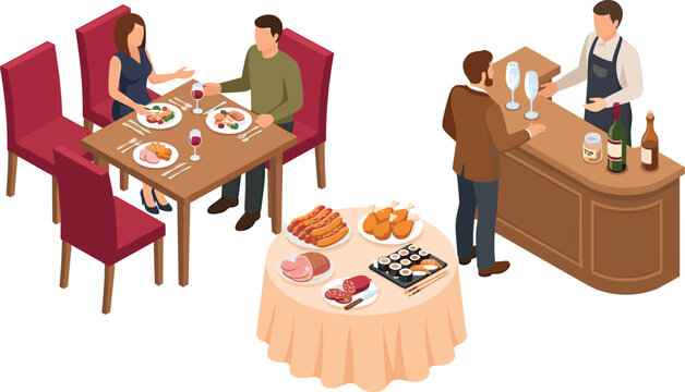 Isometric restaurant interior vector illustration with couple dining at table buffet food and bartender serving drinks at bar
