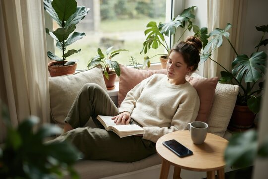 Young woman reading a book while relaxing on a cozy window seat with indoor plants