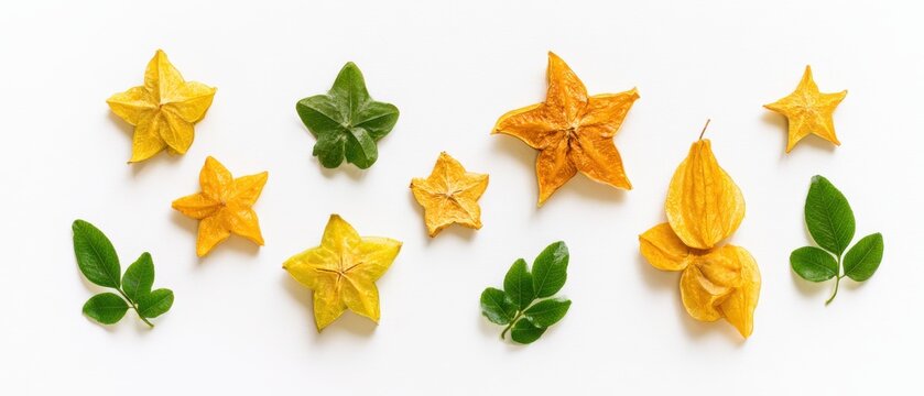 Collection of dried starfruit carambola cross-sections and small compound leaves, pure white background