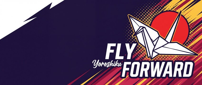 Japanese Origami Crane Vector Banner with Red Sun, Retro Pop Art Style, Dynamic Abstract Background, Copy Space for Text, Motivational Fly Forward Concept, Traditional Eastern Art Illustration Graphic