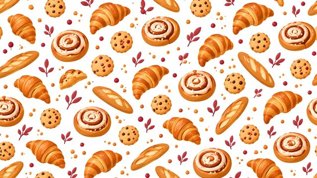 Seamless pattern with assorted bakery goods like croissants and cinnamon rolls
