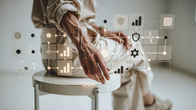 Elderly hand rests on a white stool beside floating digital interface graphics featuring charts and heart rate wave lines in soft daylight.