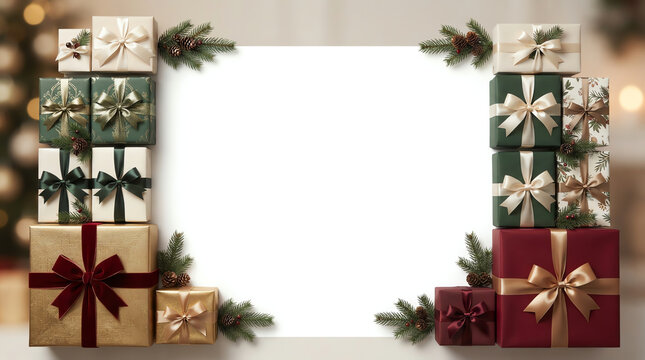 Christmas background with a blank white center frame surrounded by stacked gift boxes and pine branches