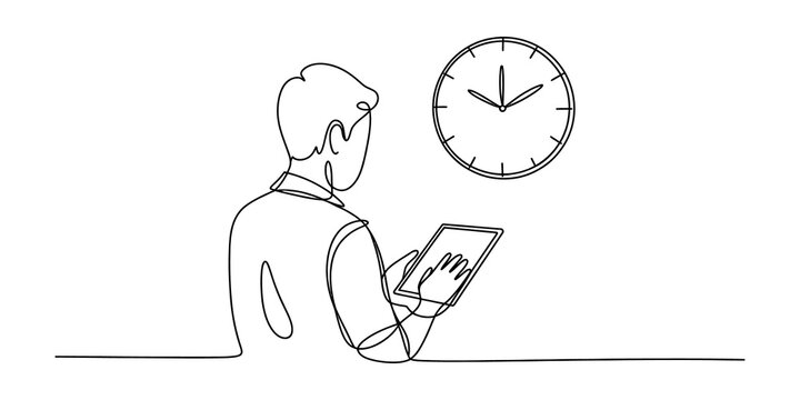 Man using a tablet with a wall clock in a continuous one line drawing style