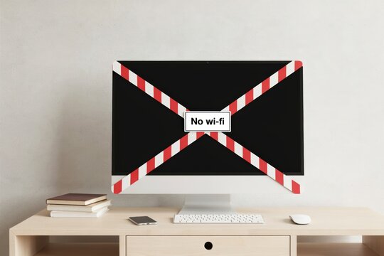 Computer monitor with red and white warning tape and no wifi sign on screen