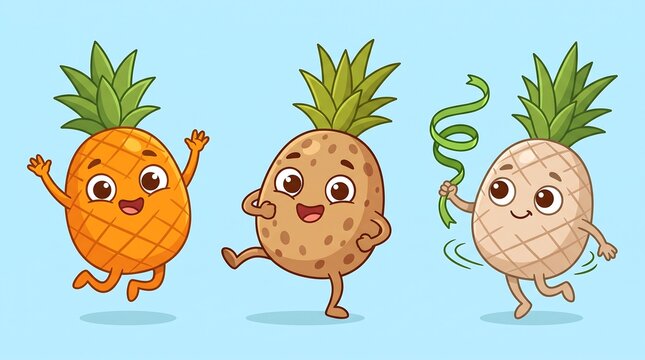Cute pineapple cartoon characters set, happy dancing fruit mascots, funny tropical food illustrations for kids party