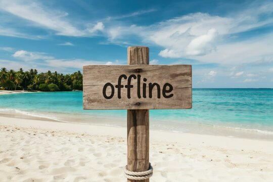 Wooden sign with the word offline on a beautiful tropical beach background