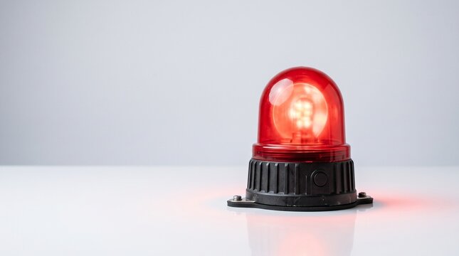 Emergency red siren beacon light glowing brightly on clean white table against neutral background representing alarm warning security and safety concepts.