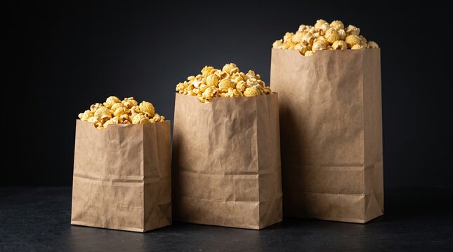 Three brown paper bags filled with golden caramel popcorn arranged in ascending order by size on dark textured surface against black studio background.