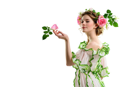 Young woman as a forest nymph wearing a pink rose flower crown and green leaf dress isolated on transparent background PNG element
