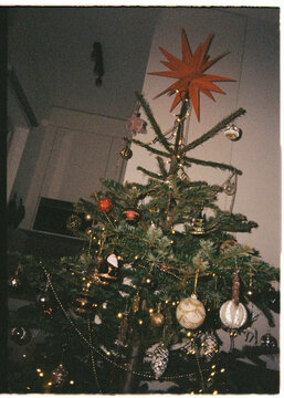 Decorated Christmas Tree with Warm Holiday Lights