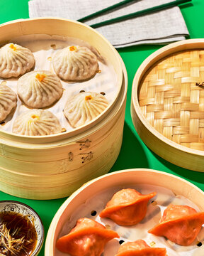 Steamed Soup Dumplings and Red Dumplings in Bamboo Steamers